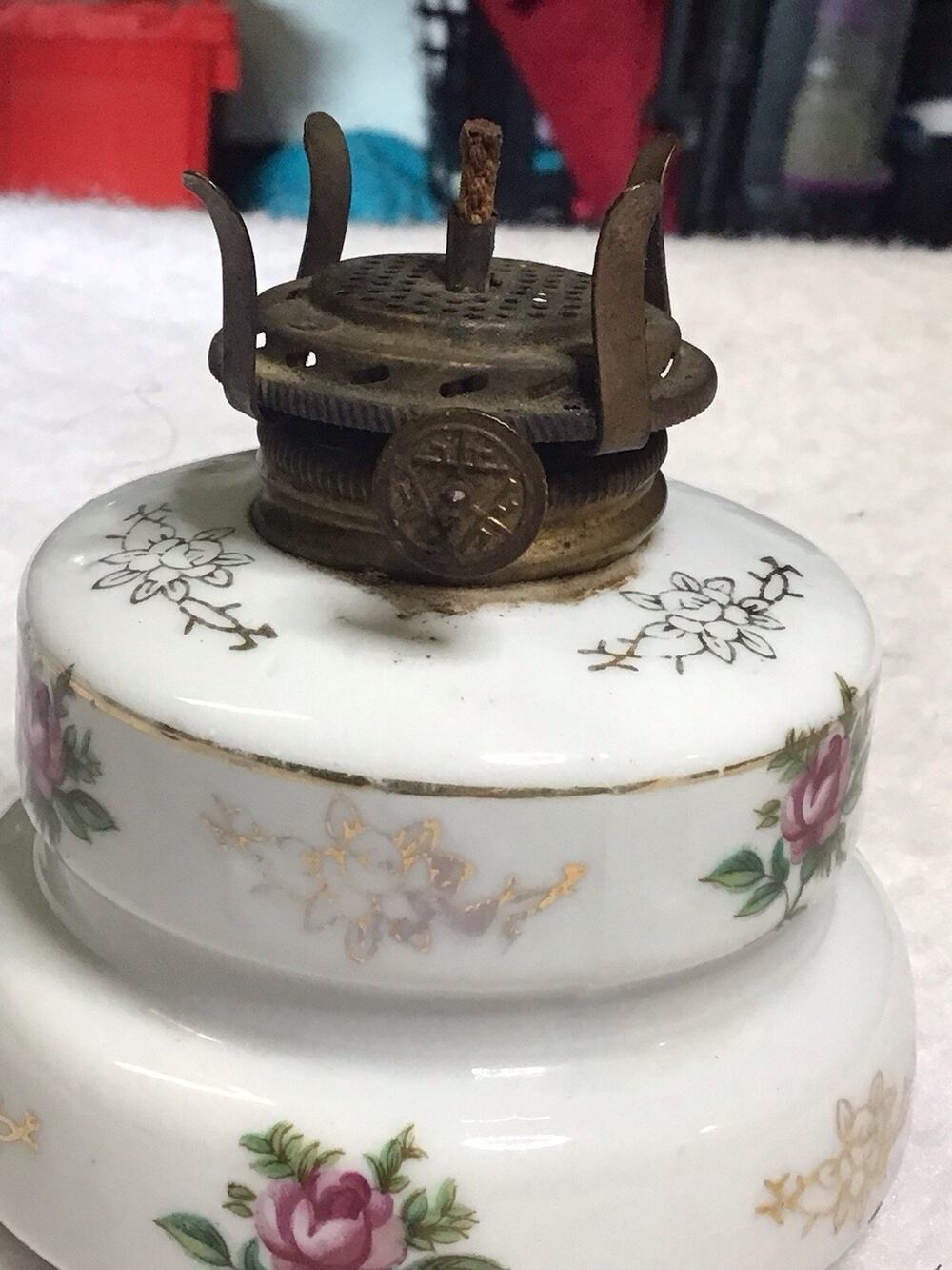 Vintage White Porcelain with Pink Roses Miniature Old Fashioned Oil Lamp